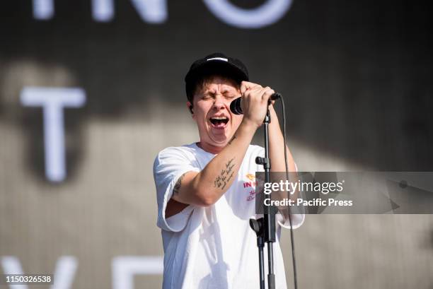 Conor Mason, singer of the British alternative rock band Nothing But Thieves performing live on stage at the Firenze Rocks festival 2019 in Florence,...