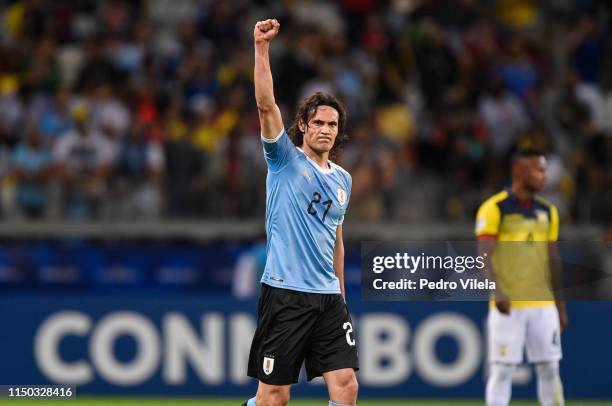 Edinson Cavani of Uruguay celebrates after scoring the second goal of his team during a match between Uruguay and Ecuador at Mineirao Stadium on June...