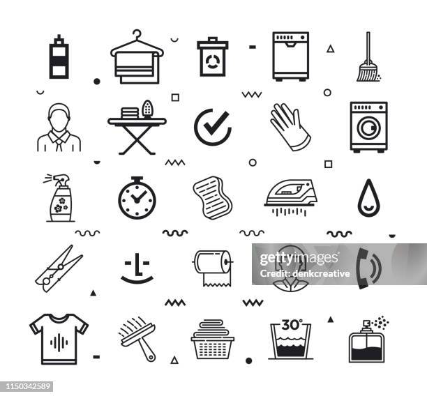 wash, detergents & hygiene line style vector icon set - bathroom organization stock illustrations