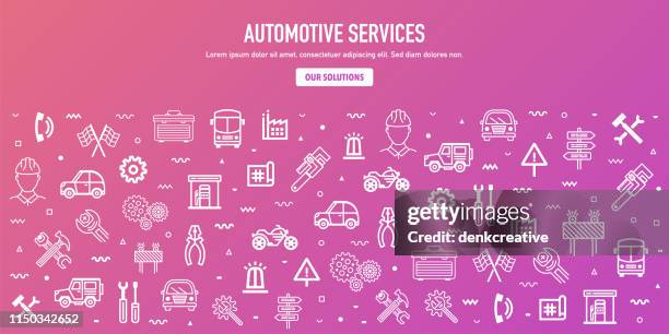 ilustraciones, imágenes clip art, dibujos animados e iconos de stock de industria de fabricación automotriz esquema de banner web diseño - soldador