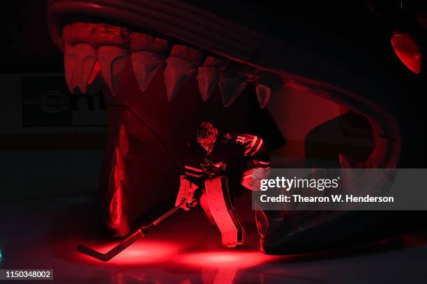 Martin Jones of the San Jose Sharks takes the ice against the St. Louis Blues prior to Game Five of the Western Conference Final during the 2019 NHL...