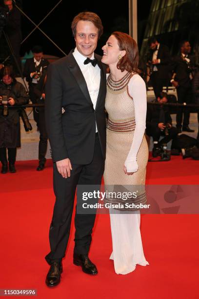 August Diehl and Valerie Pachner leave the screening of "A Hidden Life " during the 72nd annual Cannes Film Festival on May 19, 2019 in Cannes,...