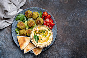 Chickpea hummus with falafel and pita bread