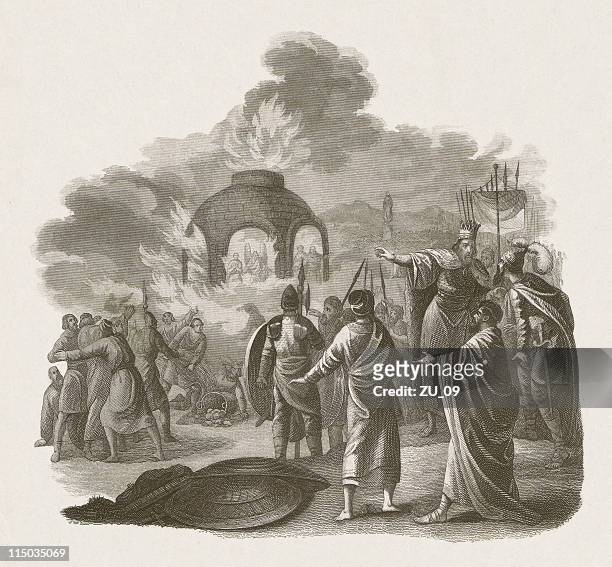 bildbanksillustrationer, clip art samt tecknat material och ikoner med in the fiery furnace (daniel 3), steel engraving, published c.1860 - irak