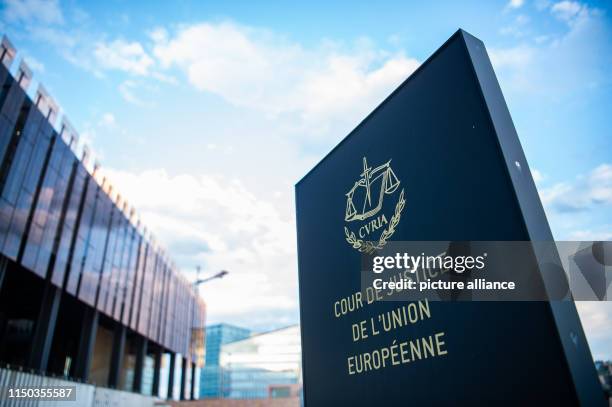 June 2019, Luxembourg, Luxemburg: The picture shows a sign before the European Court of Justice with the inscription "Cour de Justice de l'union...