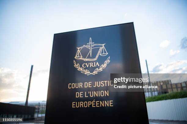 June 2019, Luxembourg, Luxemburg: The picture shows a sign before the European Court of Justice with the inscription "Cour de Justice de l'union...