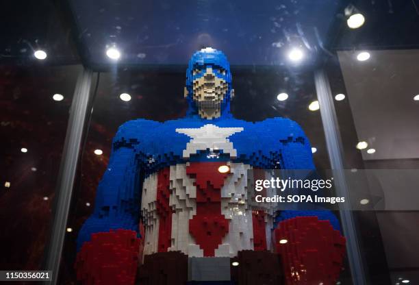 Mockup of Captain America displayed inside a glass cabinet during the exhibition. The LEGO exhibition is a temporary exhibition, the most biggest of...