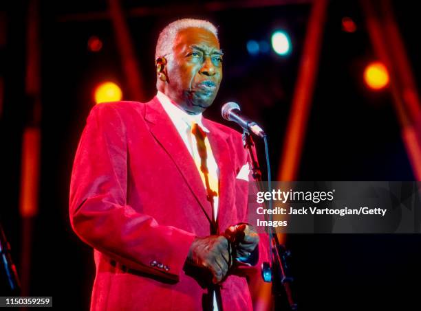 American Jazz singer Joe Williams performs during the 'Music of Montreux' concert at Central Park SummerStage. New York, New York, September 4, 1998.