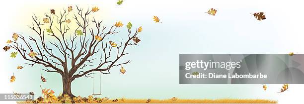 fall autumn tree with swing and leaves blowing in wind - empty swing stock illustrations