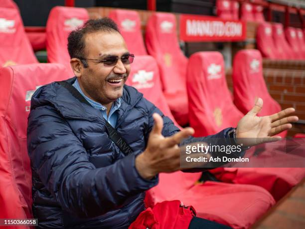 Indian Cricketer Virender Sehwag visits Old Trafford on June 15, 2019 in Manchester, England.
