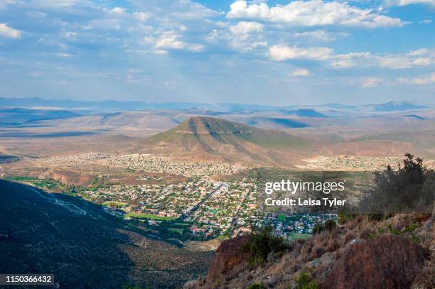 The view over Graaff-Reinet from the top of Camdeboo National Park, a wilderness area with unusual rock formations outside of Graaff-Reinet in South...