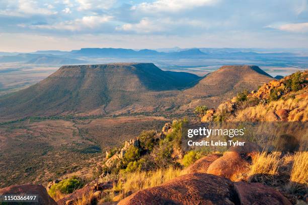 View point at Camdeboo National Park, a wilderness area with unusual rock formations outside of Graaff-Reinet in South Africa.