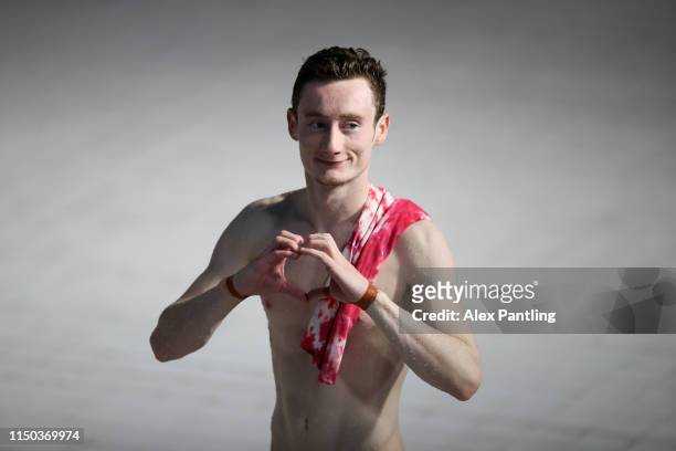 Benjamin Aufrett of France celebrates after his final dive in the men's 10m platform final during day three of the FINA/CNSG Diving World Series at...
