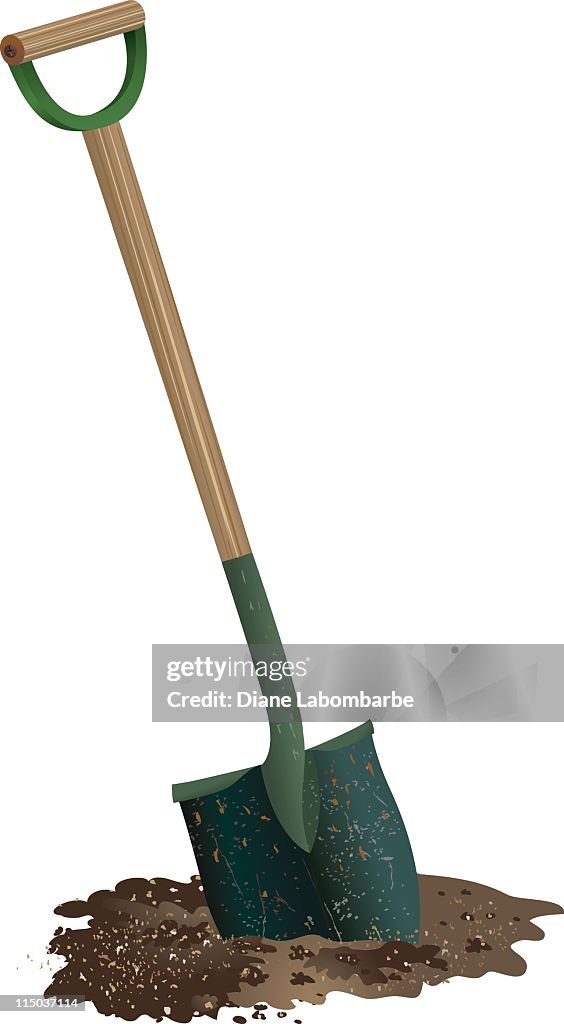 Spade Shovel with wooden handle Digging in pile of Soil