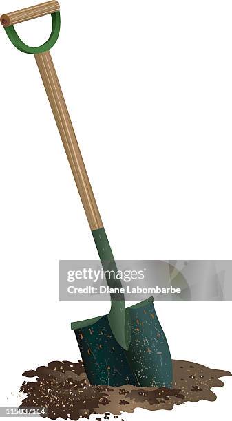 spade shovel with wooden handle digging in pile of soil - shovel 幅插畫檔、美工圖案、卡通及圖標