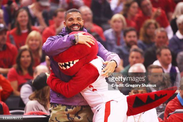 Rapper Drake attends game three of the NBA Eastern Conference Finals between the Milwaukee Bucks and the Toronto Raptors at Scotiabank Arena on May...