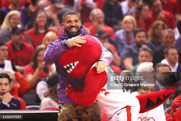 Rapper Drake attends game three of the NBA Eastern Conference Finals between the Milwaukee Bucks and the Toronto Raptors at Scotiabank Arena on May...