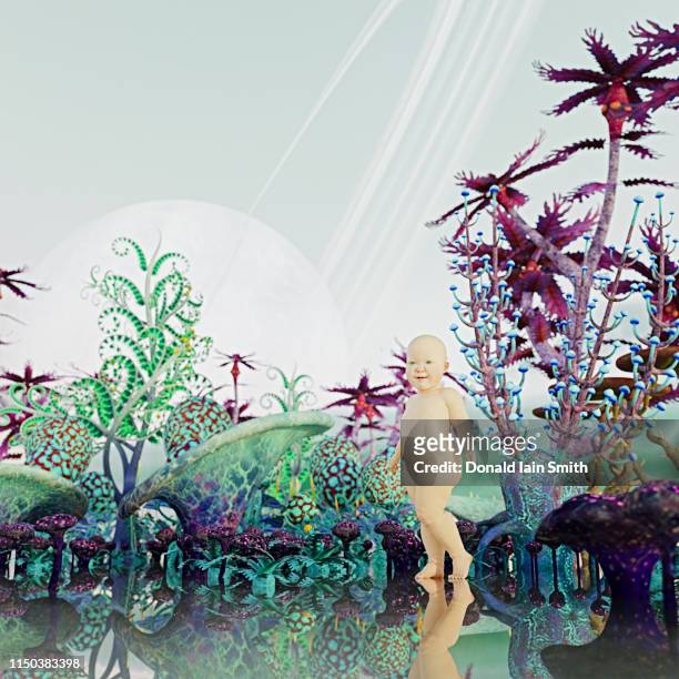 human baby girl standing in an alien world surounded by strange plants with planets in the sky - alien life stock pictures, royalty-free photos & images