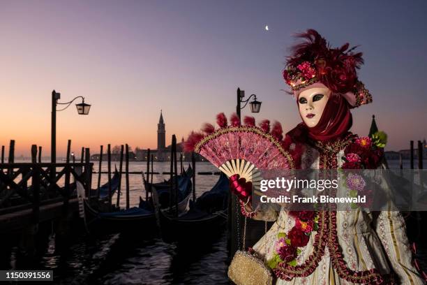 Portrait of a feminine masked person in a beautiful creative costume, posing at Grand Canal, Canal Grande, celebrating the Venetian Carnival, the...