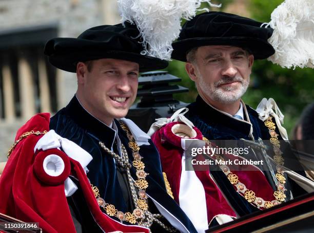 King Felipe of Spain and Prince William, Duke of Cambridge attend the Order of the Garter Service at St George's Chapel on June 17, 2019 in Windsor,...