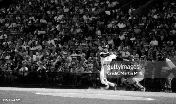 Paul Blair of the Baltimore Orioles swings at the pitch during an MLB game against the Seattle Pilots on August 26, 1969 at Memorial Stadium in...