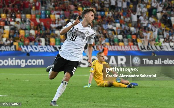 Luca Waldschmidt of Germany celebrates after scoring his team's third goal during the 2019 UEFA U-21 Group B match between Germany and Denmark at...