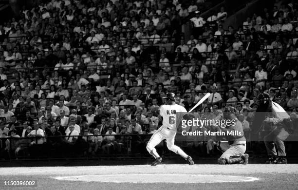 Paul Blair of the Baltimore Orioles takes the pitch during an MLB game against the Seattle Pilots on August 26, 1969 at Memorial Stadium in...