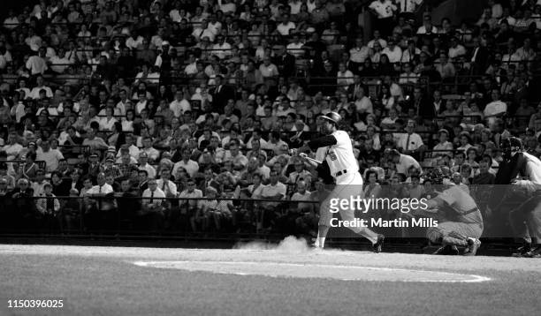 Paul Blair of the Baltimore Orioles checks his swing during an MLB game against the Seattle Pilots on August 26, 1969 at Memorial Stadium in...