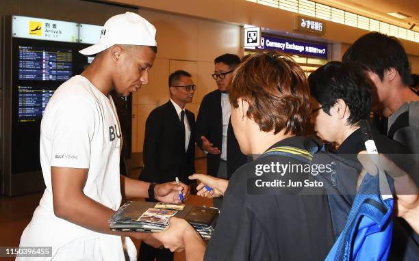 Kylian Mbappe of Paris Saint-Germain is seen upon arrival at Haneda Airport on June 18, 2019 in Tokyo, Japan.