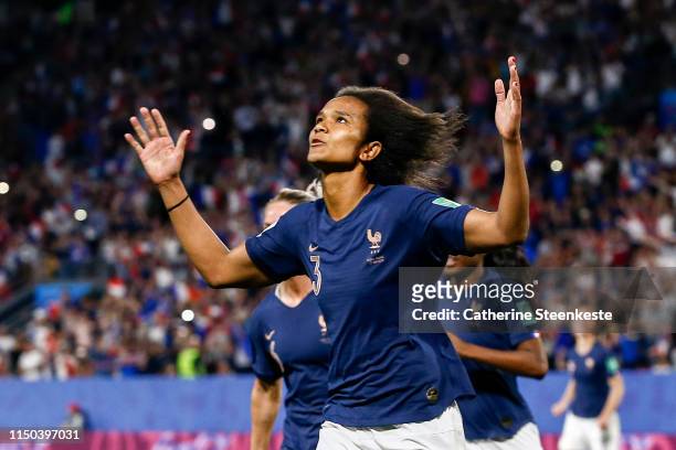 Wendie Renard of France celebrates her goal during the 2019 FIFA Women's World Cup France group A match between Nigeria and France at Roazhon Park on...