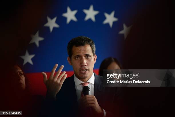 Venezuelan opposition leader and National Assembly Leader Juan Guaido speaks during a press conference with international media at Centro Plaza on...