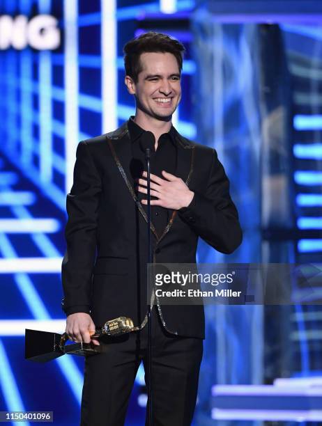 Brendon Urie of Panic! at the Disco accepts the award for Top Rock Song for "High Hopes" during the 2019 Billboard Music Awards at MGM Grand Garden...