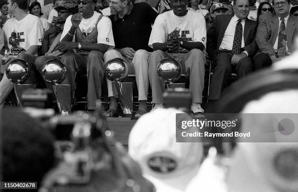 Former Chicago Bulls players Dennis Rodman, Scottie Pippen, coach Phil Jackson and Michael Jordan sits with the Chicago Bulls' four Larry O'Brien...