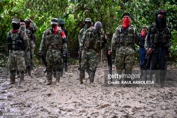 Members of the Ernesto Che Guevara front, belonging to the National Liberation Army guerrillas, line up in the Choco jungle, Colombia, on May 23,...