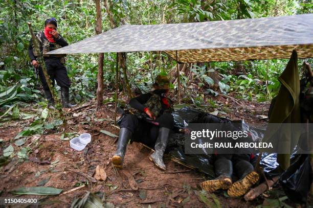Members of the Ernesto Che Guevara front, belonging to the National Liberation Army guerrillas, rest in a improvised camp in the jungle, in Choco...
