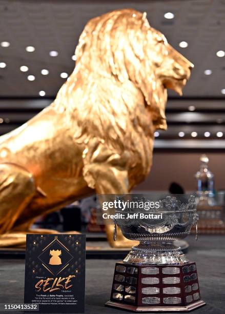 The Frank J. Selke Trophy is displayed at MGM Grand Hotel & Casino in advance of the 2019 NHL Awards on June 17, 2019 in Las Vegas. Nevada. The 2019...