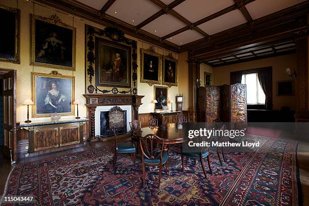 View of the dinning room in Highclere Castle on March 15, 2011 in Newbury, England. Highclere Castle has been the ancestral home of the Carnarvon...