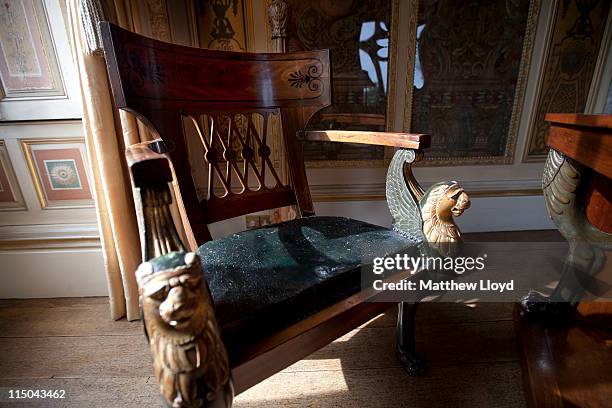 Napoleon's chair is displayed in Highclere Castle on March 15, 2011 in Newbury, England. Highclere Castle has been the ancestral home of the...