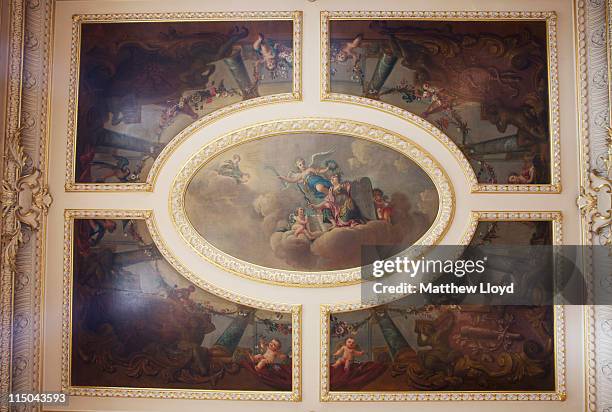 Detail of the ceiling of the music room in Highclere Castle on March 15, 2011 in Newbury, England. Highclere Castle has been the ancestral home of...