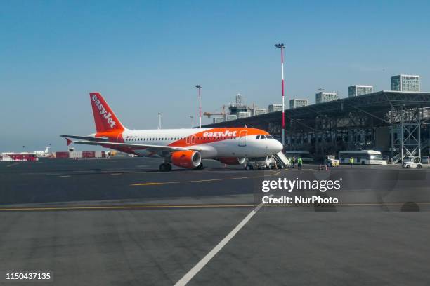 EasyJet Switzerland Airbus A319-100 aircraft with registration HB-JYI as seen in front of the terminal of Thessaloniki Makedonia International...