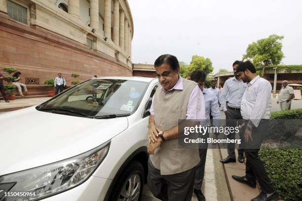 Nitin Gadkari, minister for roads, transport and highways, arrives at Parliament House during the first day of the 17th Lok Sabha in New Delhi,...