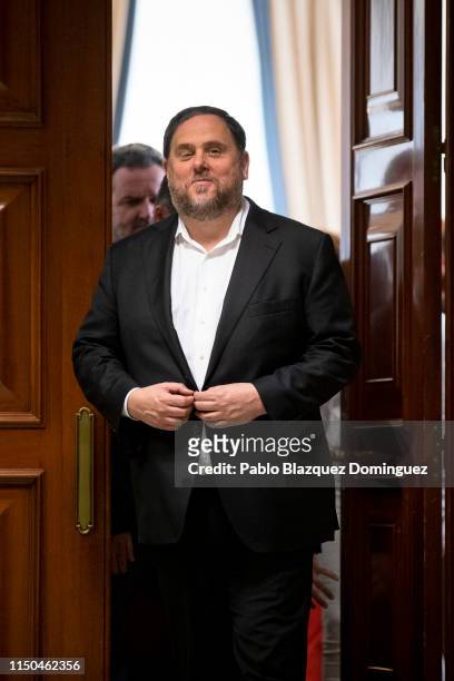 Catalan leader Oriol Junqueras attends to the registration process at the Spanish Parliament a day before the opening of the plenary sessions on May...