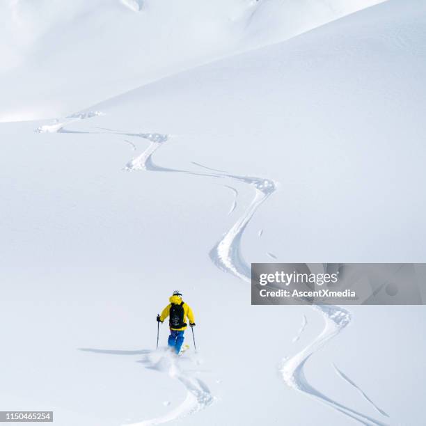 overhead perspective of a powder skier descending pristine slope - powder snow imagens e fotografias de stock