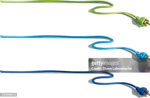 electrical plugs with long cords  - green, blue and black - wired stock illustrations