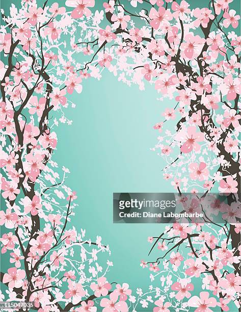 チェリーツリーの枝を背景にした青緑 - 桜の樹点のイラスト素材／クリップアート素材／マンガ素材／アイコン素材