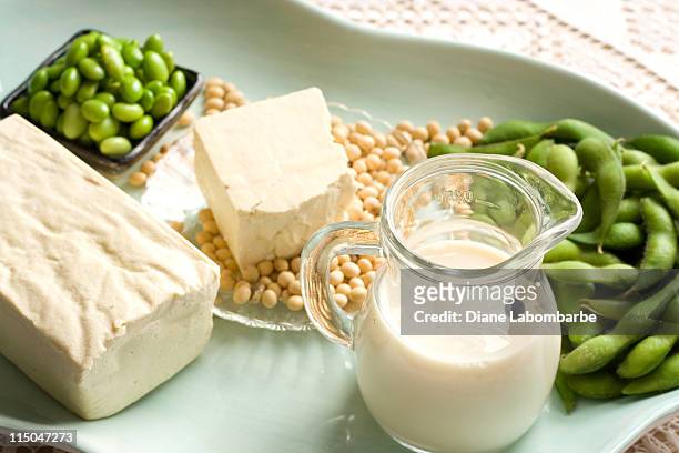 soja-produkte aus sojabohnen pods, tofu, milch auf servierplatte - soybean stock-fotos und bilder