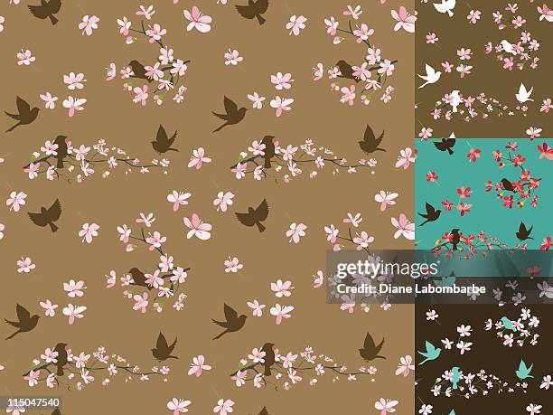 cherry blossoms seamless pattern - sparrow stock illustrations