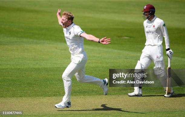 Liam Norwell of Warwickshire celebrates the wicket of Azhar Ali of Somerset during Day One of the Specsavers County Championship match between...