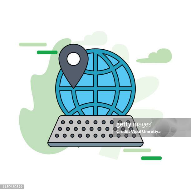 education, e-learning, globe navigational equipment internet, world map, planet space, education icon vector, illustration - computer keyboard hands stock illustrations