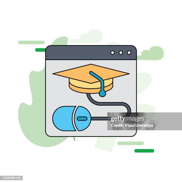 online education flat illustration concept. elearning, e-learning, online courses concepts. laptop with book and graduation hat. - learning computer skills stock illustrations